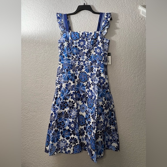 Tahari ASL Floral Ruffle Strap Blue White Casual Retro Open back Mini Midi Dress - Picture 4 of 11